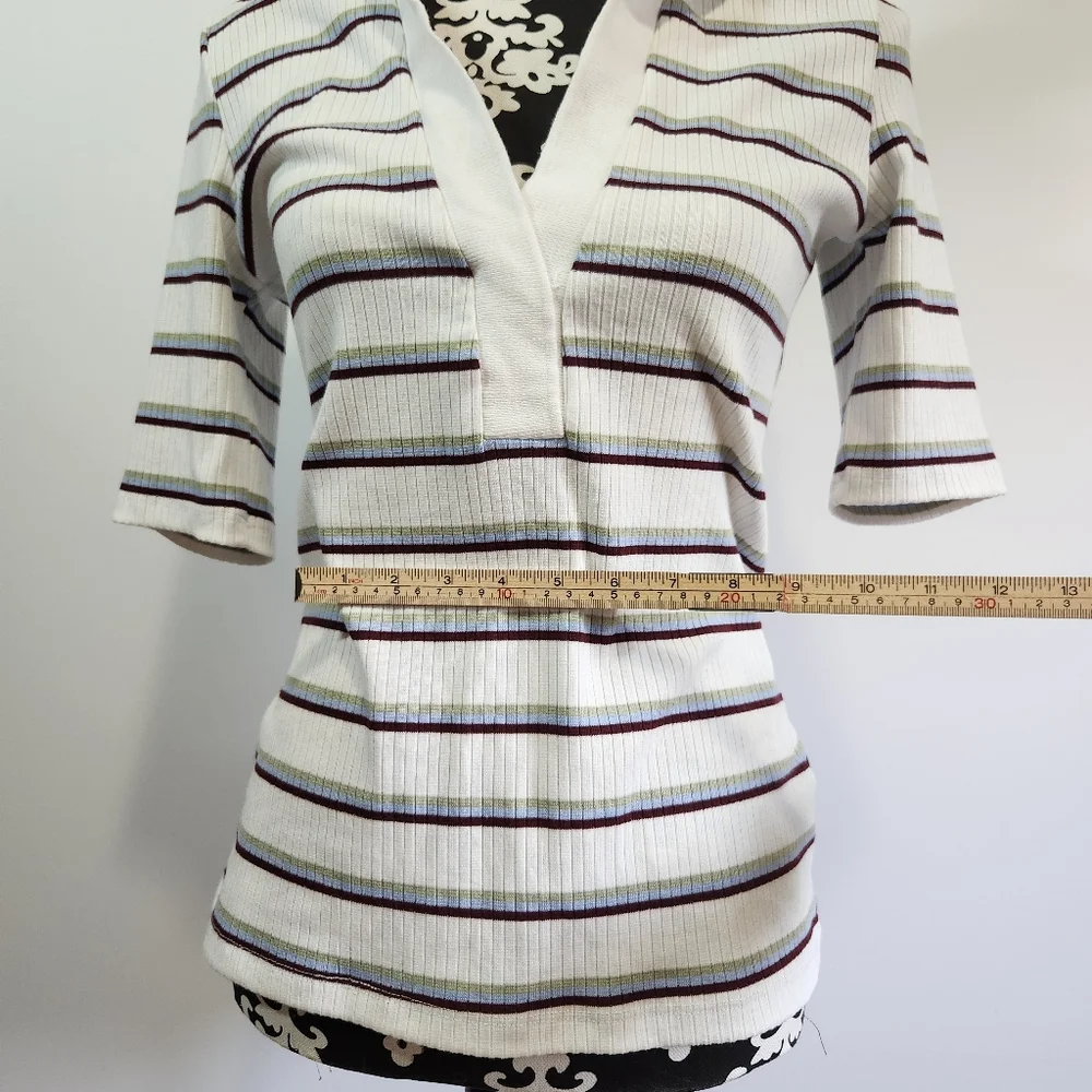 Free People White,Pistachio green,light blue and maroon striped V-neck Shirt - Picture 4 of 5